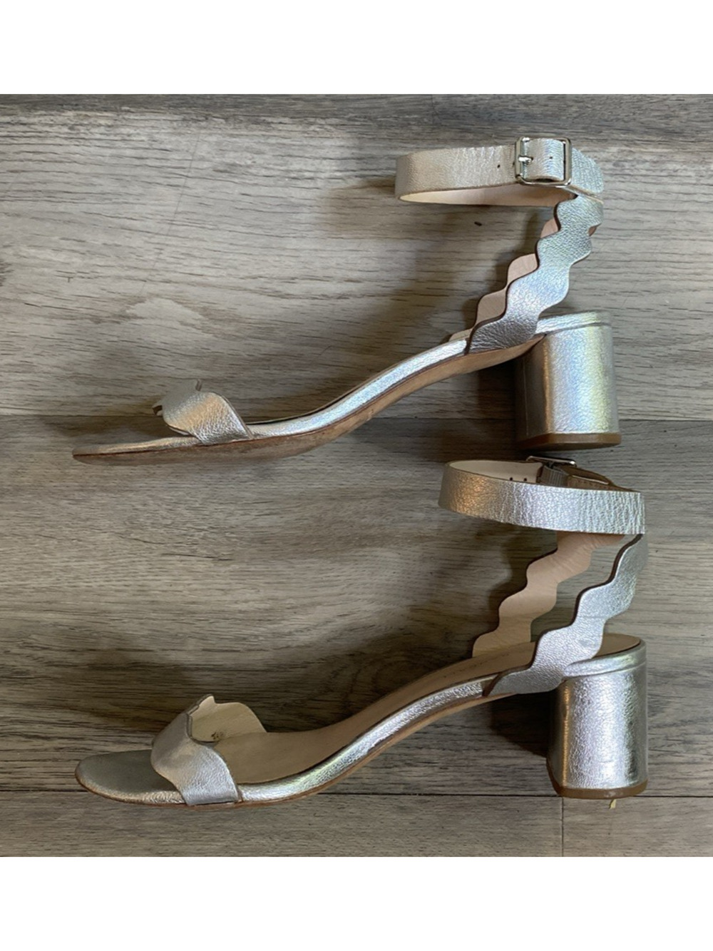 Loeffler Randall Emi Silver Leather Scalloped Block Heel Sandals 9 Wedding